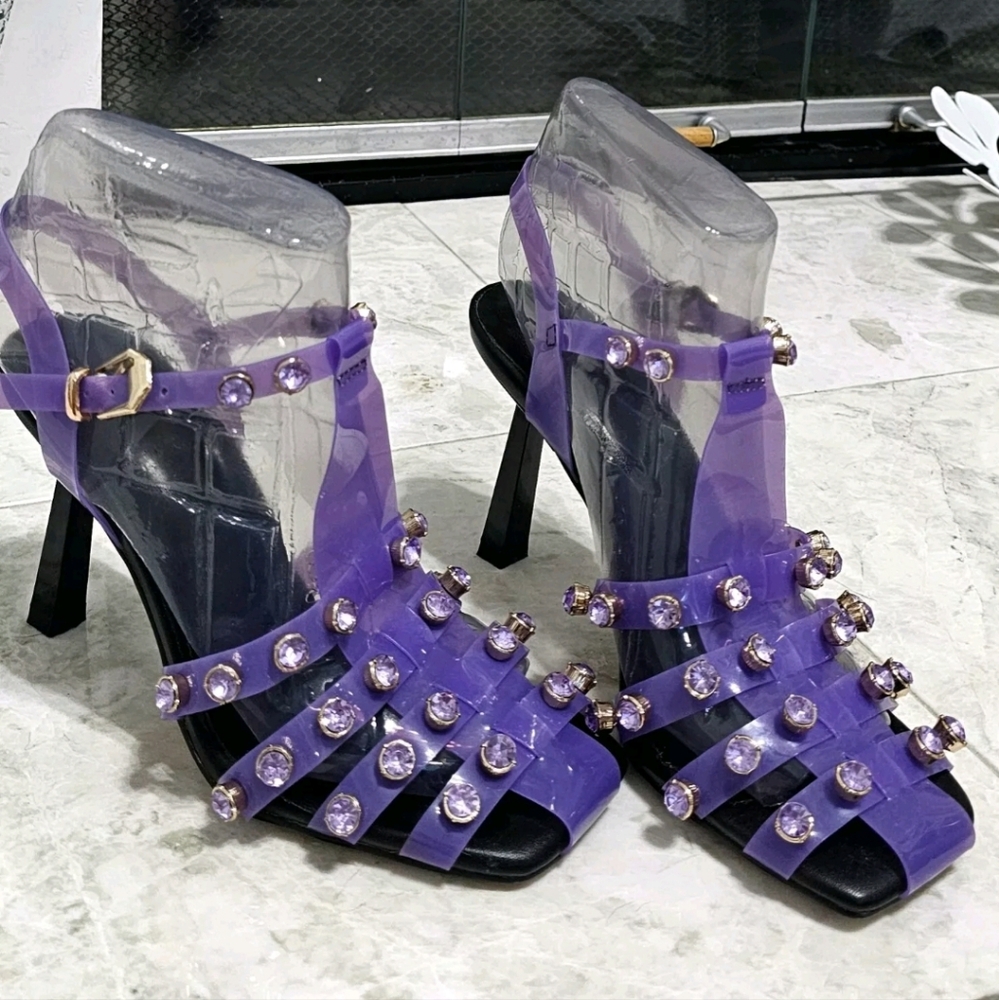 Women's Crystal Embellished Heel Sandals – Size 6 – Purple